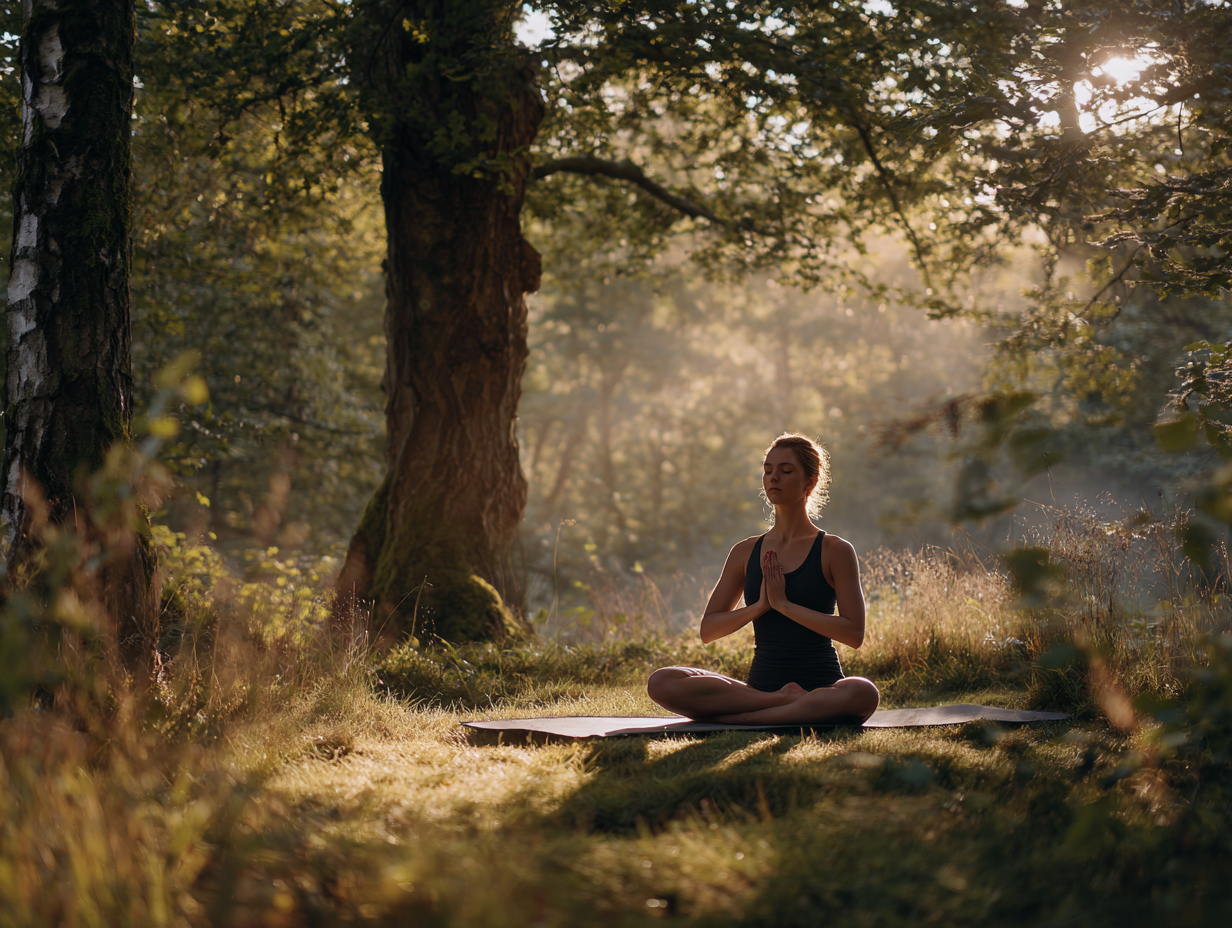 Група людей різного віку медитує в природному середовищі
